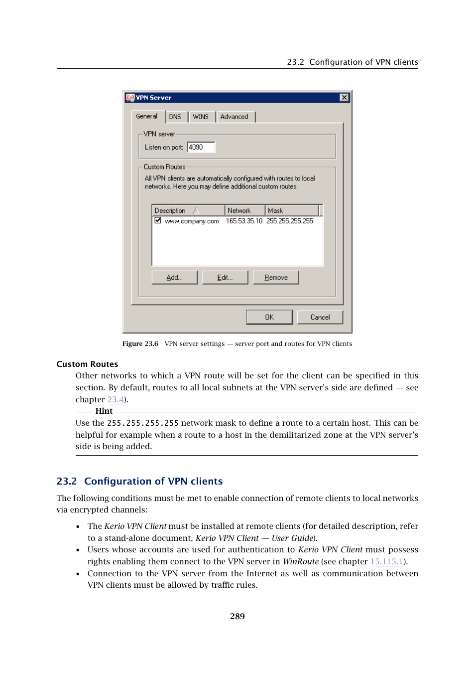 Configuration of vpn clients, 2 configuration of vpn clients | Kerio Tech KERIO WINROUTE FIREWALL 6 User Manual | Page 289 / 368