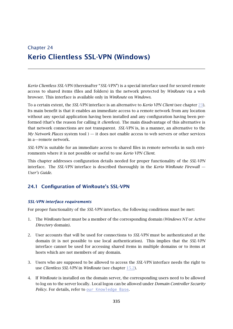 Kerio clientless ssl-vpn (windows), Configuration of winroute's ssl-vpn, Configuration of winroute’s ssl-vpn | Chapter 24, 1 configuration of winroute’s ssl-vpn | Kerio Tech KERIO WINROUTE FIREWALL 6 User Manual | Page 335 / 368