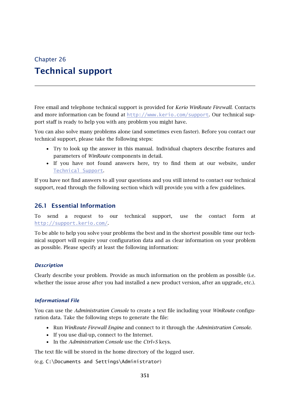 Technical support, Essential information, Chapter 26 | 1 essential information | Kerio Tech KERIO WINROUTE FIREWALL 6 User Manual | Page 351 / 368
