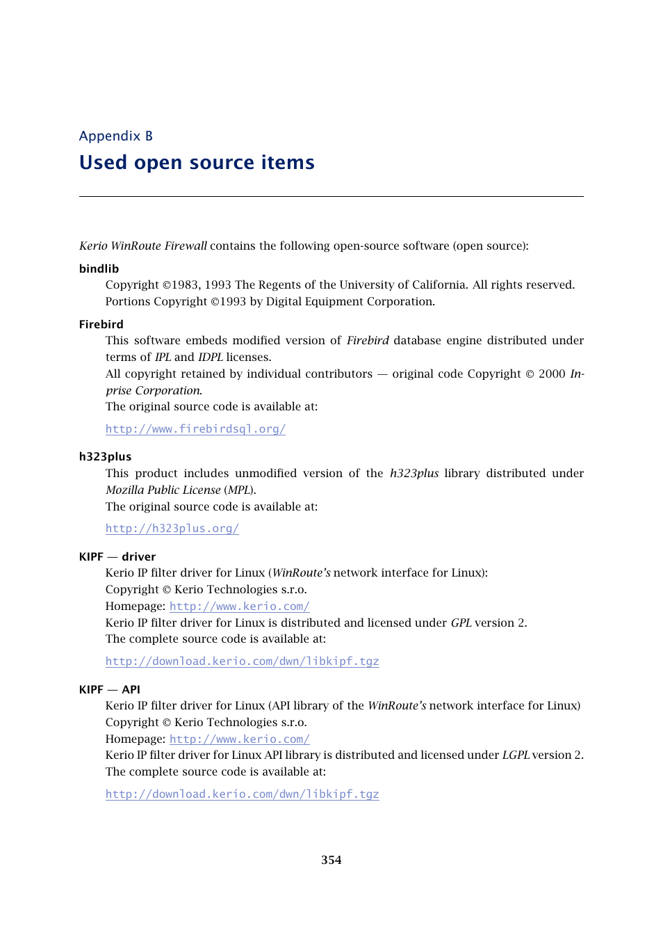 Used open source items, Appendix b | Kerio Tech KERIO WINROUTE FIREWALL 6 User Manual | Page 354 / 368