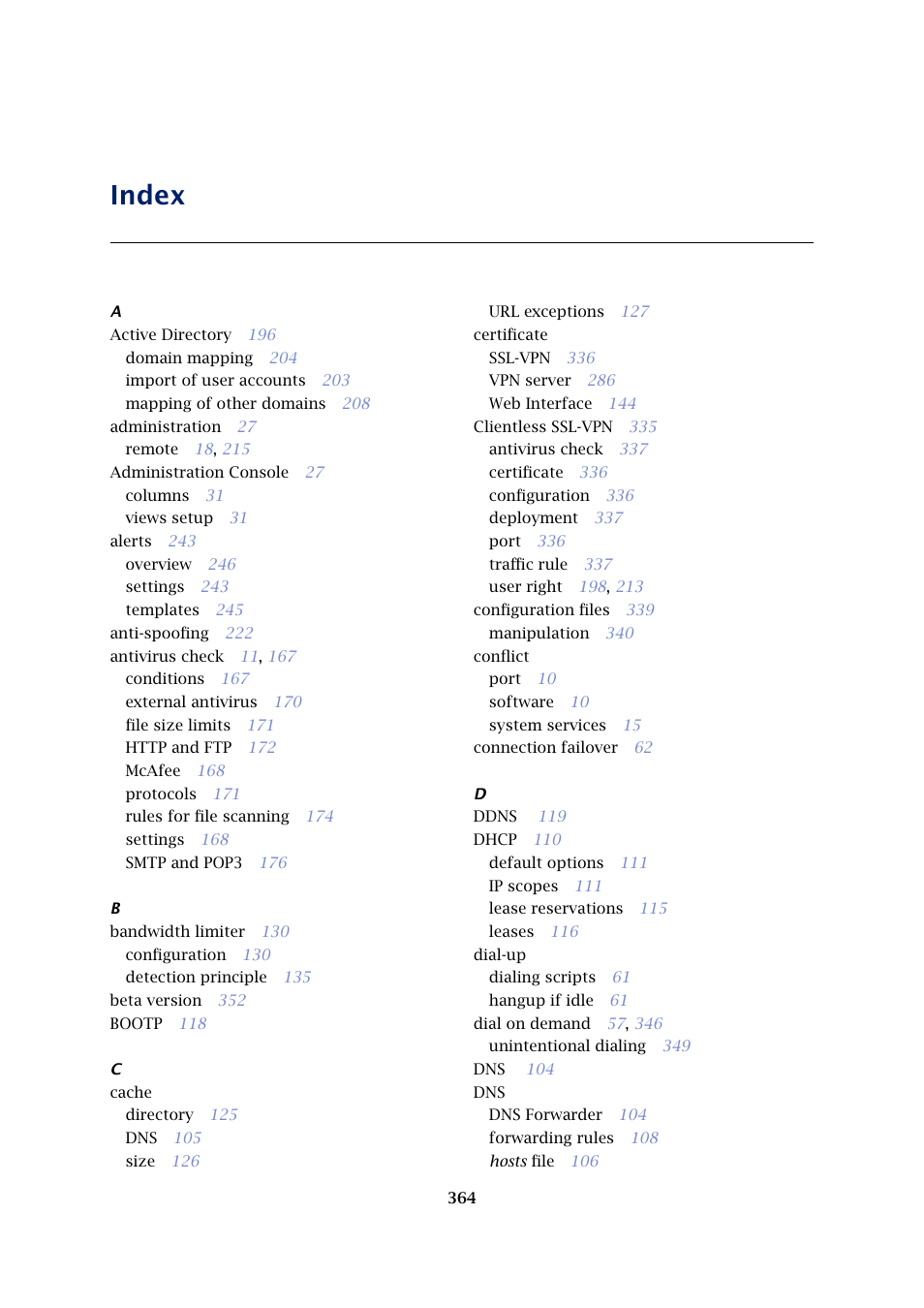 Index | Kerio Tech KERIO WINROUTE FIREWALL 6 User Manual | Page 364 / 368