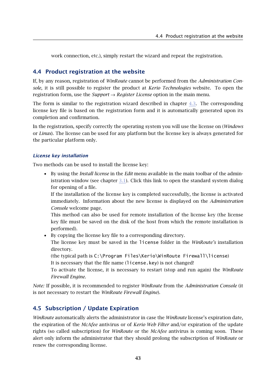 Product registration at the website, Subscription / update expiration, 4 product registration at the website | 5 subscription / update expiration | Kerio Tech KERIO WINROUTE FIREWALL 6 User Manual | Page 43 / 368