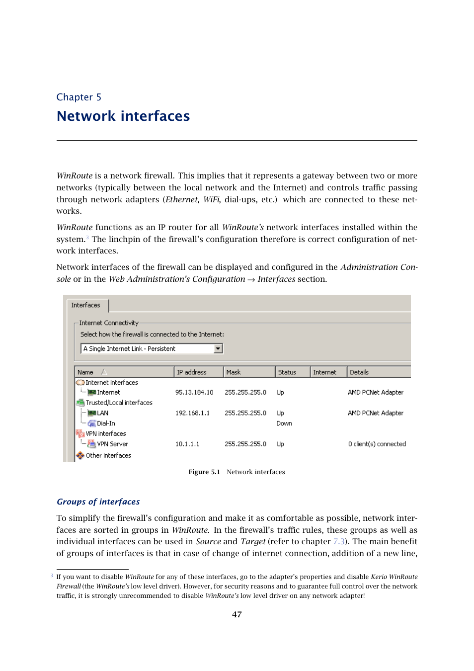 Network interfaces, Chapter 5 | Kerio Tech KERIO WINROUTE FIREWALL 6 User Manual | Page 47 / 368