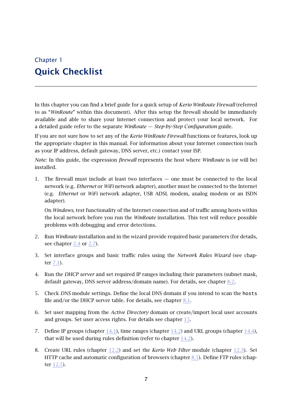 Quick checklist, Chapter 1 | Kerio Tech KERIO WINROUTE FIREWALL 6 User Manual | Page 7 / 368