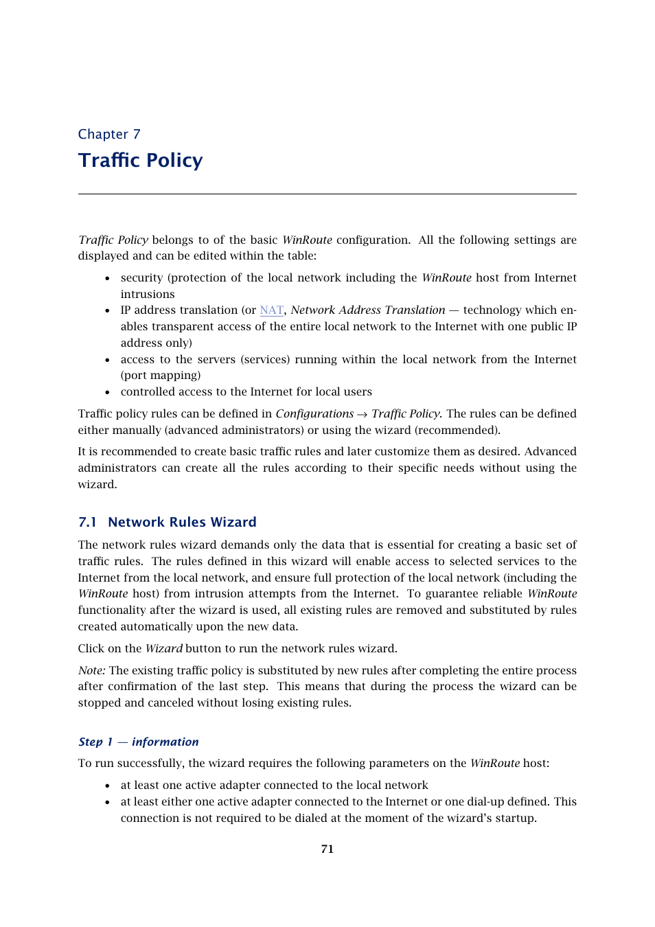 Traffic policy, Network rules wizard, Chapter 7 | 1 network rules wizard | Kerio Tech KERIO WINROUTE FIREWALL 6 User Manual | Page 71 / 368