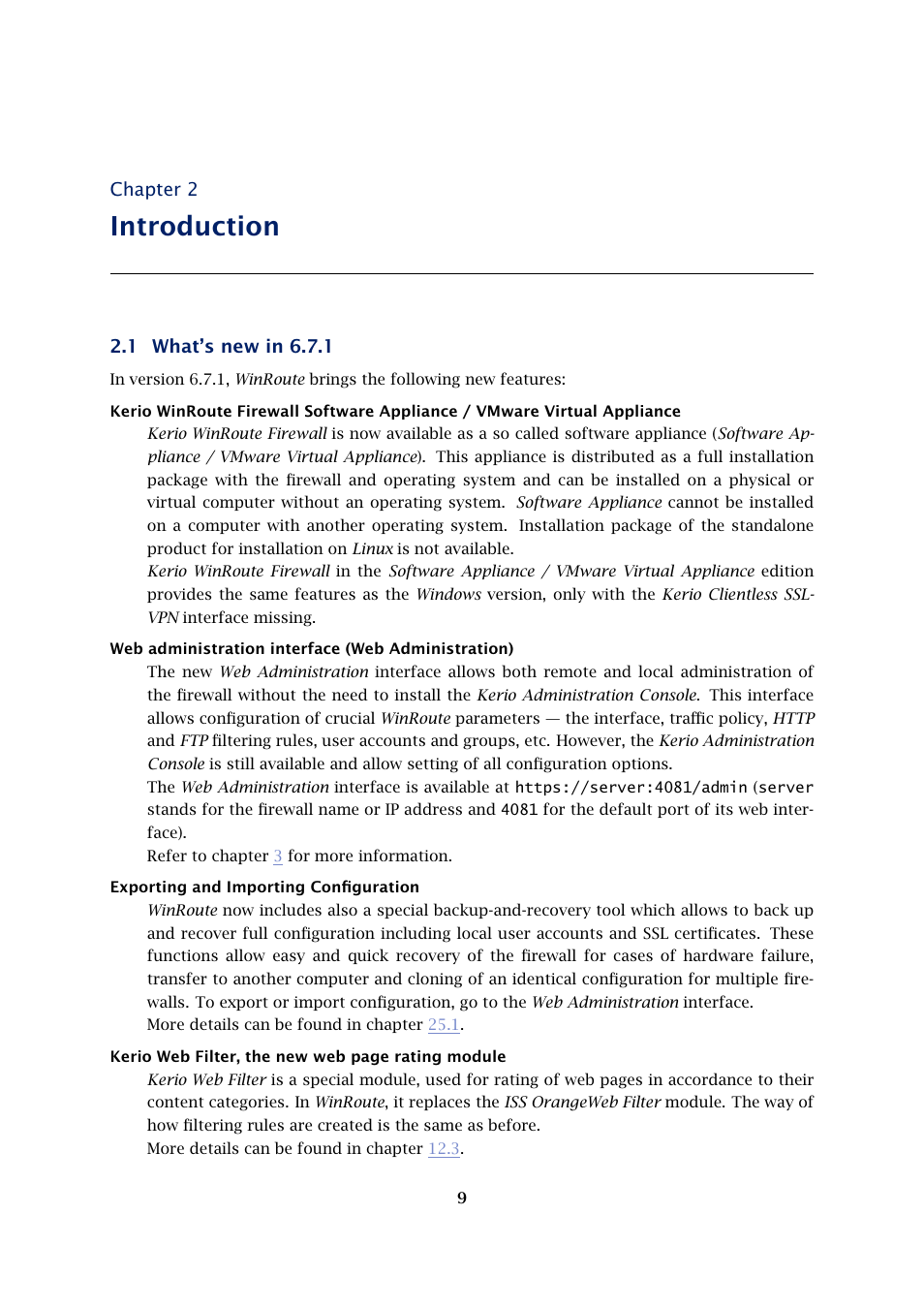 Introduction, What's new in 6.7.1, What’s new in 6.7.1 | Chapter 2, 1 what’s new in 6.7.1 | Kerio Tech KERIO WINROUTE FIREWALL 6 User Manual | Page 9 / 368