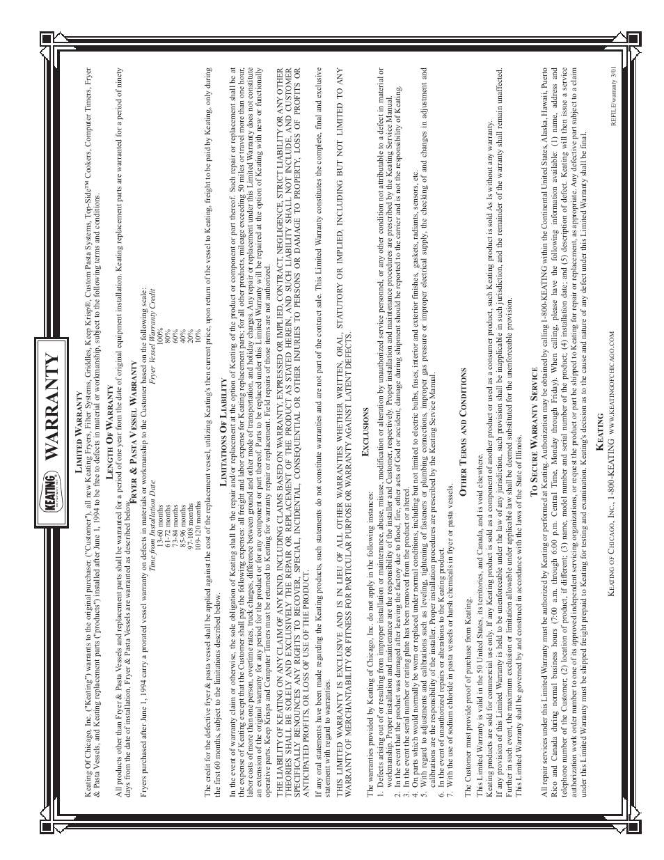 Warranty | Keating Of Chicago Safe and Easy Filter User Manual | Page 11 / 12