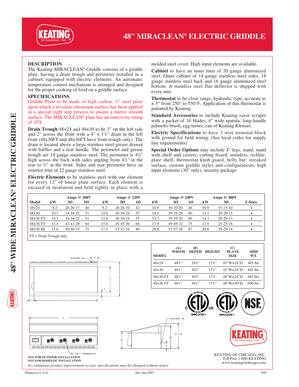 48" miraclean, Electric griddle, 48" wide mira clean | Keating Of Chicago Miraclean Electric Griddle User Manual | Page 2 / 2