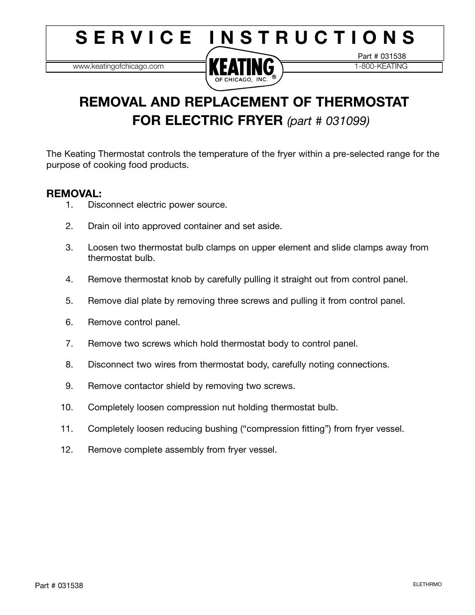 Keating Of Chicago Electric Fryer User Manual | 2 pages