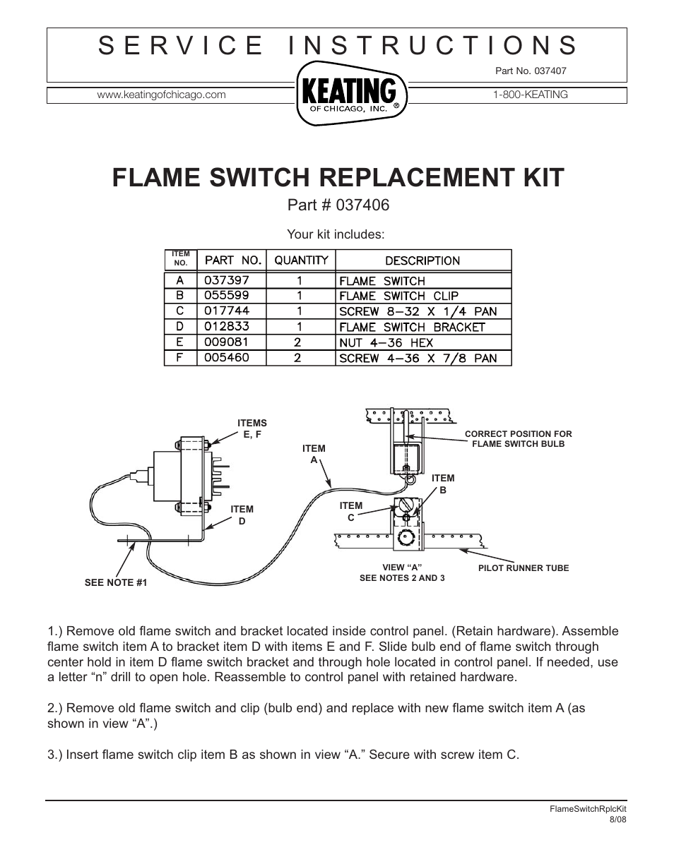 Keating Of Chicago Flame Switch User Manual | 1 page