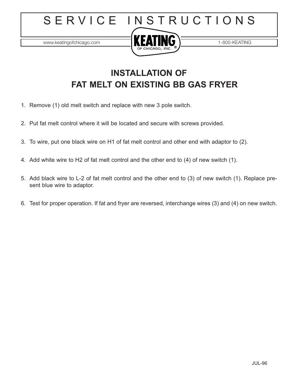 Keating Of Chicago Instant Recovery BB Gas Fryer User Manual | 1 page
