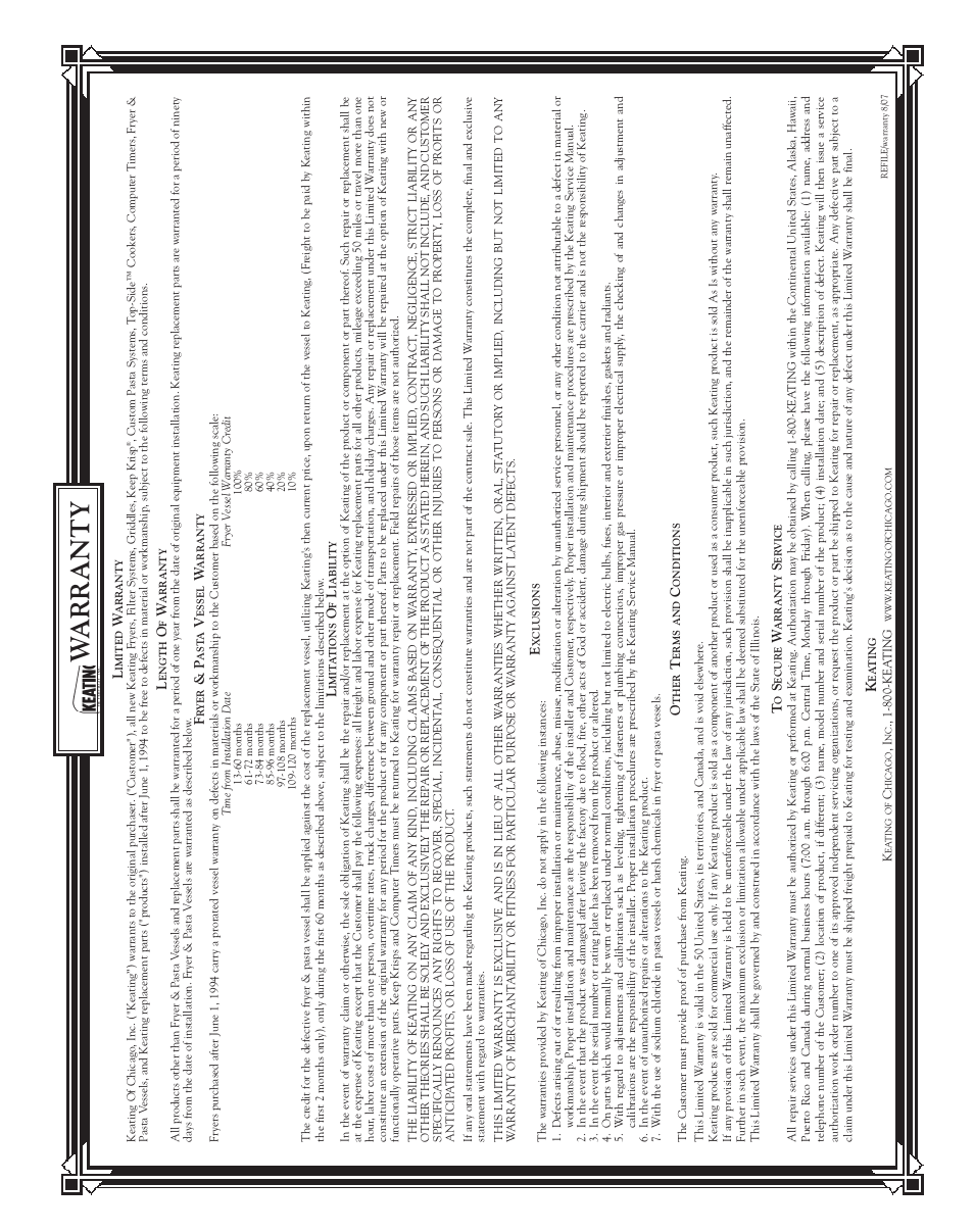 Warranty | Keating Of Chicago Top-Side Cooker 028951 User Manual | Page 17 / 18