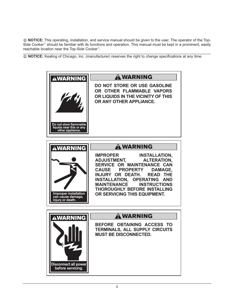 Warning | Keating Of Chicago Top-Side Cooker 028951 User Manual | Page 3 / 18