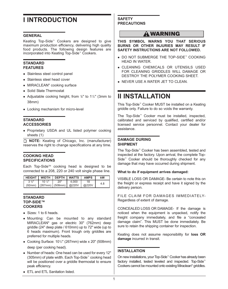 I introduction, Ii installation, Warning | Keating Of Chicago Top-Side Cooker 028951 User Manual | Page 4 / 18