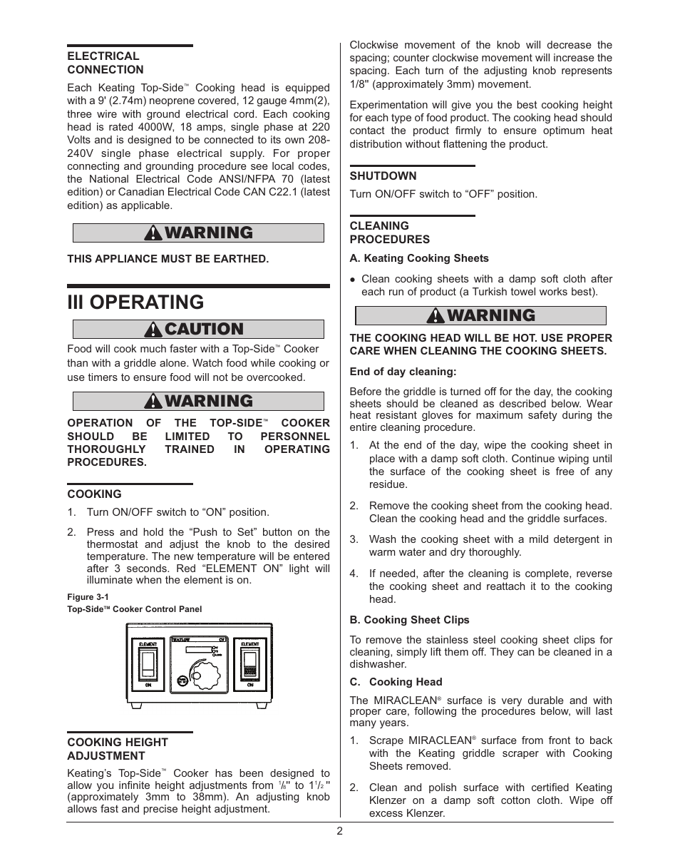 Iii operating, Warning, Warning caution warning | Keating Of Chicago Top-Side Cooker 028951 User Manual | Page 5 / 18