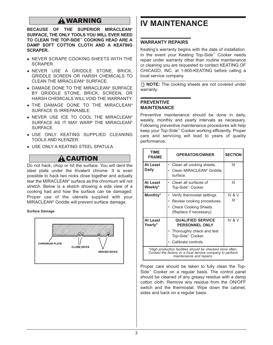 Iv maintenance, Caution warning | Keating Of Chicago Top-Side Cooker 028951 User Manual | Page 6 / 18