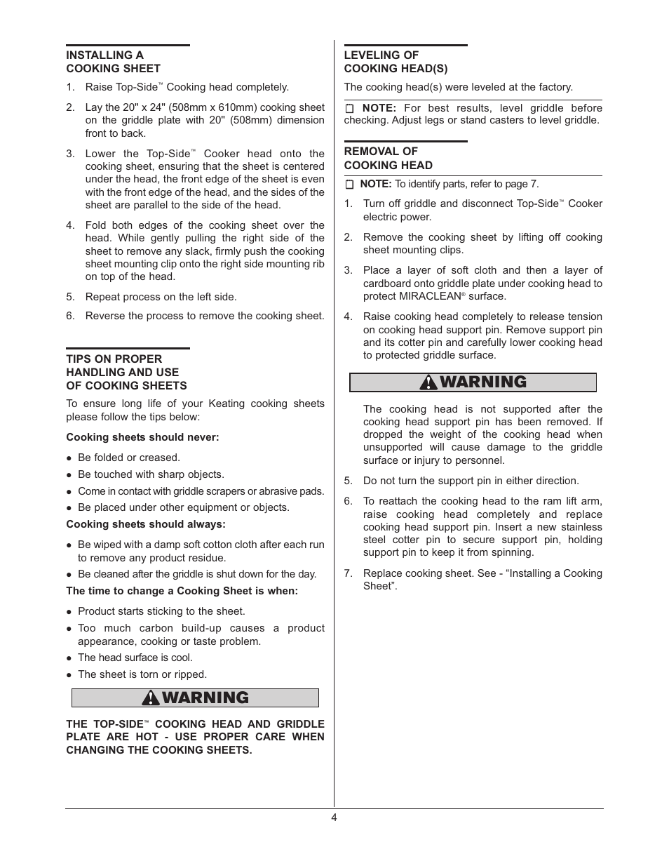 Warning | Keating Of Chicago Top-Side Cooker 028951 User Manual | Page 7 / 18