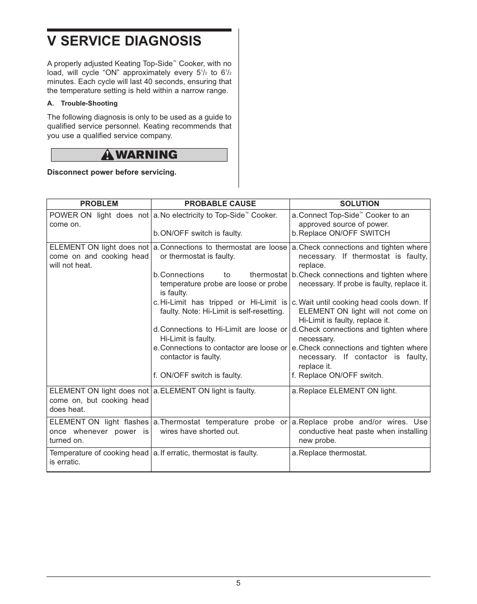 V service diagnosis, Warning | Keating Of Chicago Top-Side Cooker 028951 User Manual | Page 8 / 18