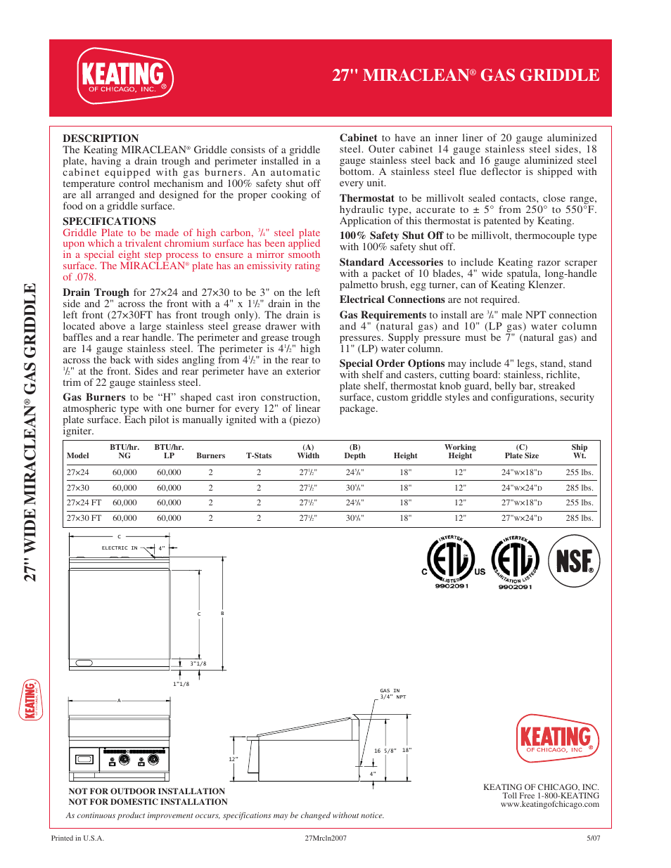 27" miraclean, Gas griddle, 27" wide mira clean | Keating Of Chicago 27 User Manual | Page 2 / 2