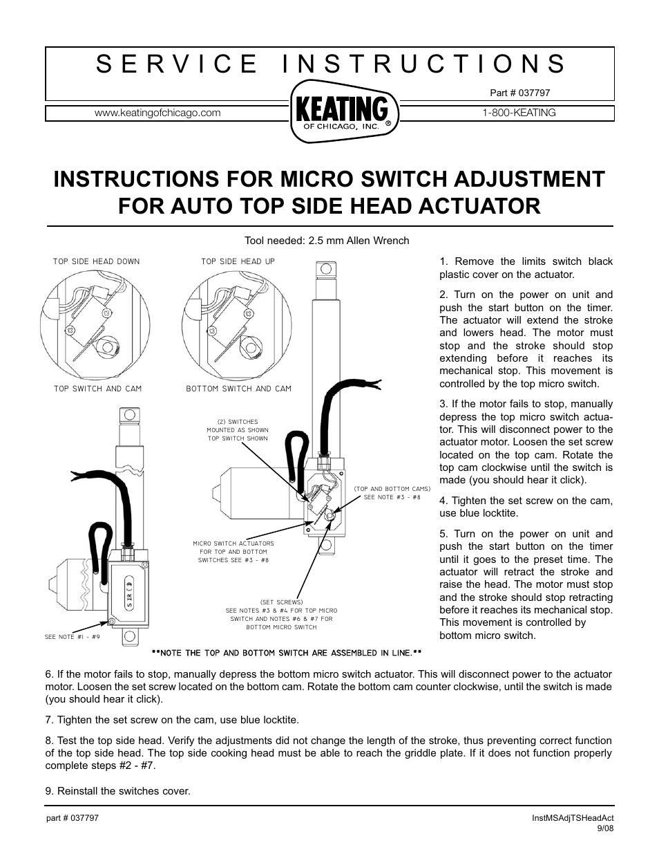 Keating Of Chicago Macro Switch Adjustment For Auto Top Side Head Actuator User Manual | 1 page