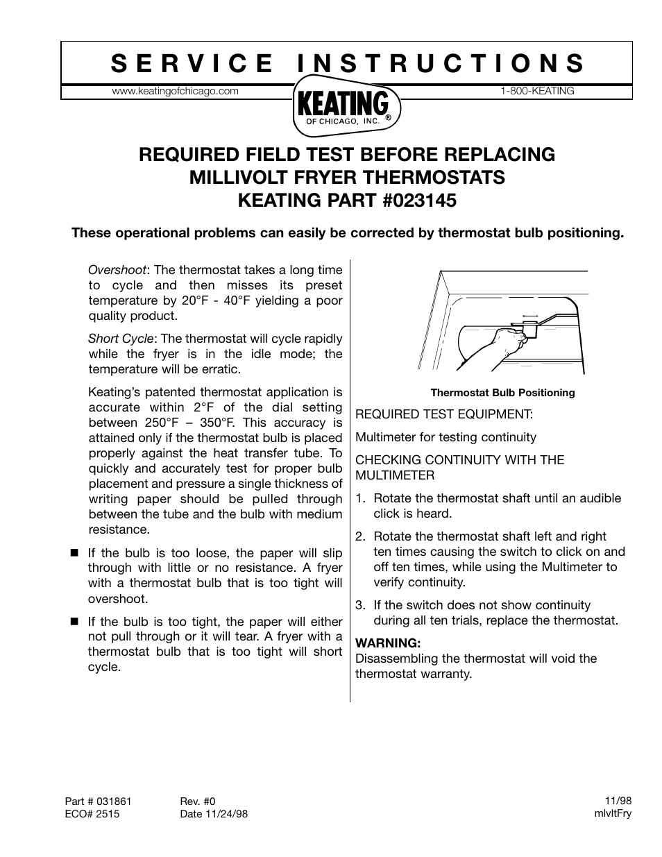 Keating Of Chicago Millivolt Fryer Thermostats User Manual | 1 page
