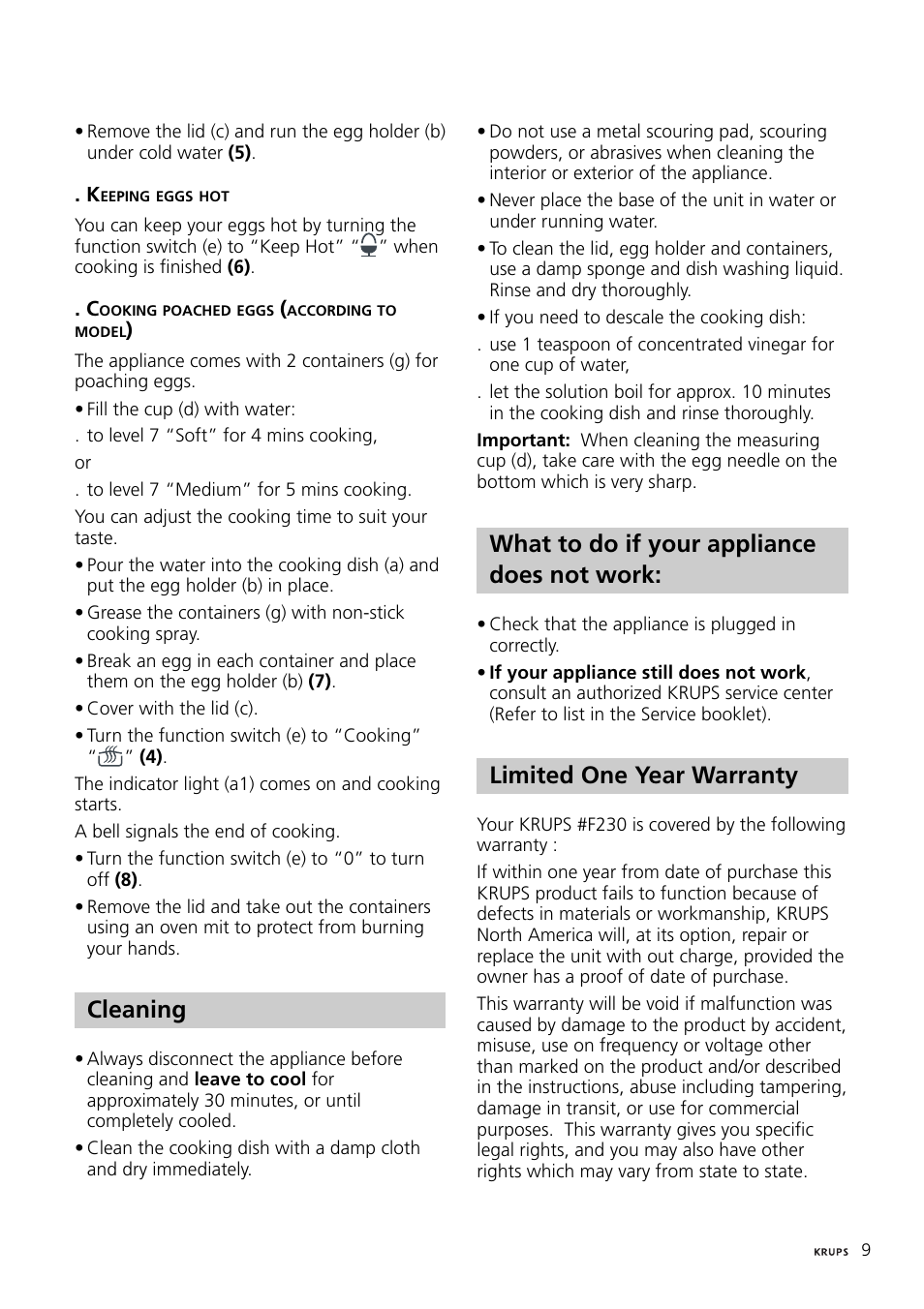 Cleaning, What to do if your appliance does not work, Limited one year warranty | Krups egg boiler F230 User Manual | Page 4 / 5