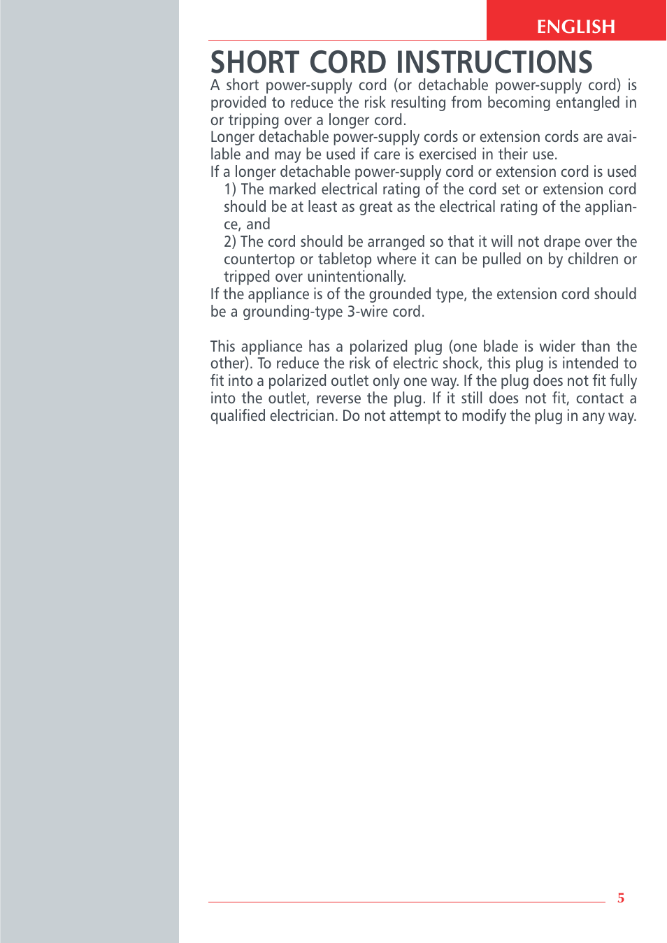 Short cord instructions | Krups Automatic Rice Cooker 3.21 3.21 User Manual | Page 2 / 60