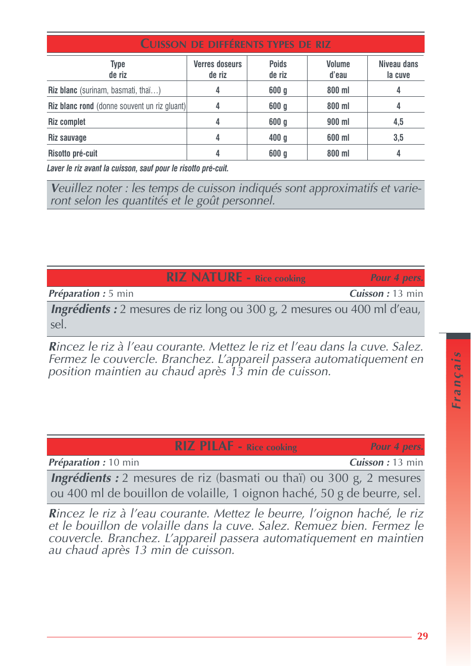 Riz nature, Riz pilaf, Français | Ingrédients | Krups Automatic Rice Cooker 3.21 3.21 User Manual | Page 27 / 60