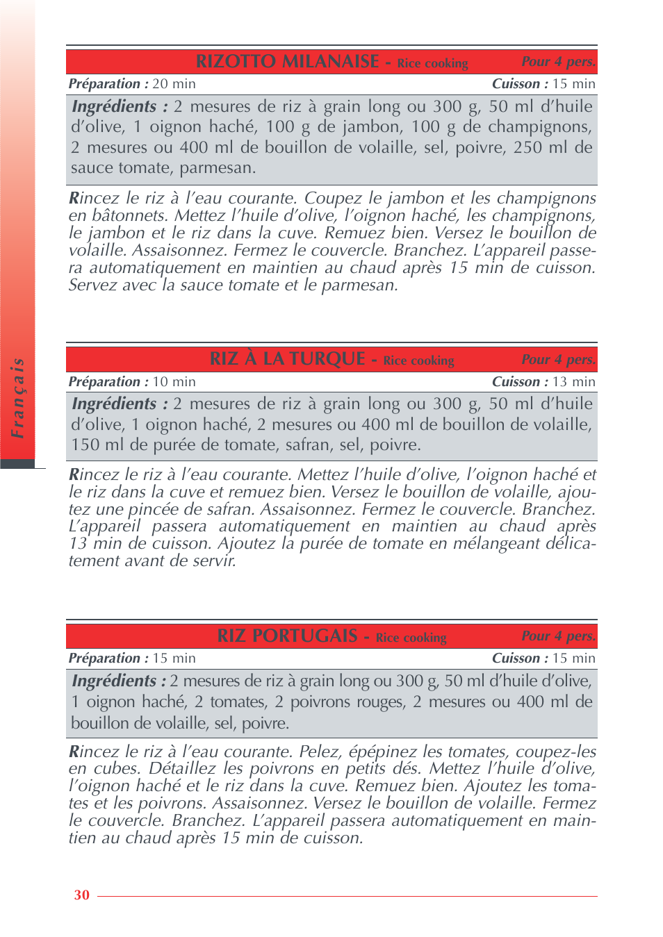 Riz portugais, Riz à la turque, Rizotto milanaise | Krups Automatic Rice Cooker 3.21 3.21 User Manual | Page 28 / 60