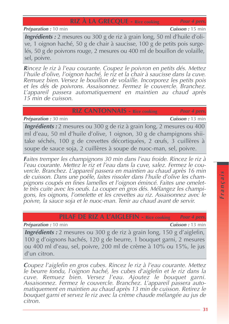 Riz cantonnais, Pilaf de riz a l’aiglefin, Riz à la grecque | Krups Automatic Rice Cooker 3.21 3.21 User Manual | Page 29 / 60