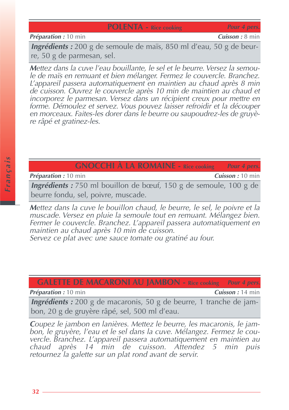 Galette de macaroni au jambon, Gnocchi à la romaine, Polenta | Krups Automatic Rice Cooker 3.21 3.21 User Manual | Page 30 / 60