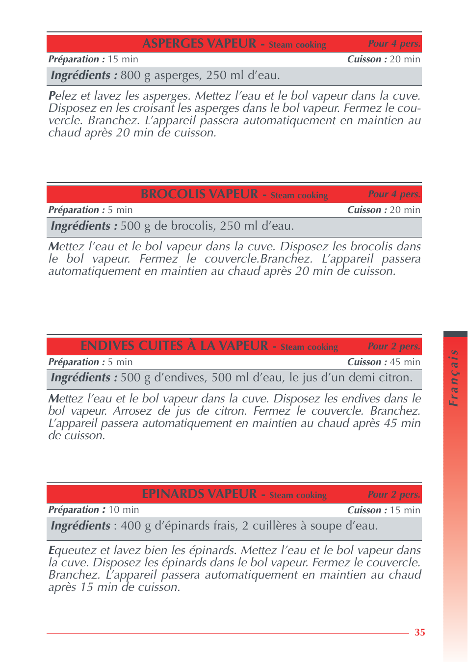 Asperges vapeur, Brocolis vapeur, Epinards vapeur | Endives cuites à la vapeur | Krups Automatic Rice Cooker 3.21 3.21 User Manual | Page 33 / 60