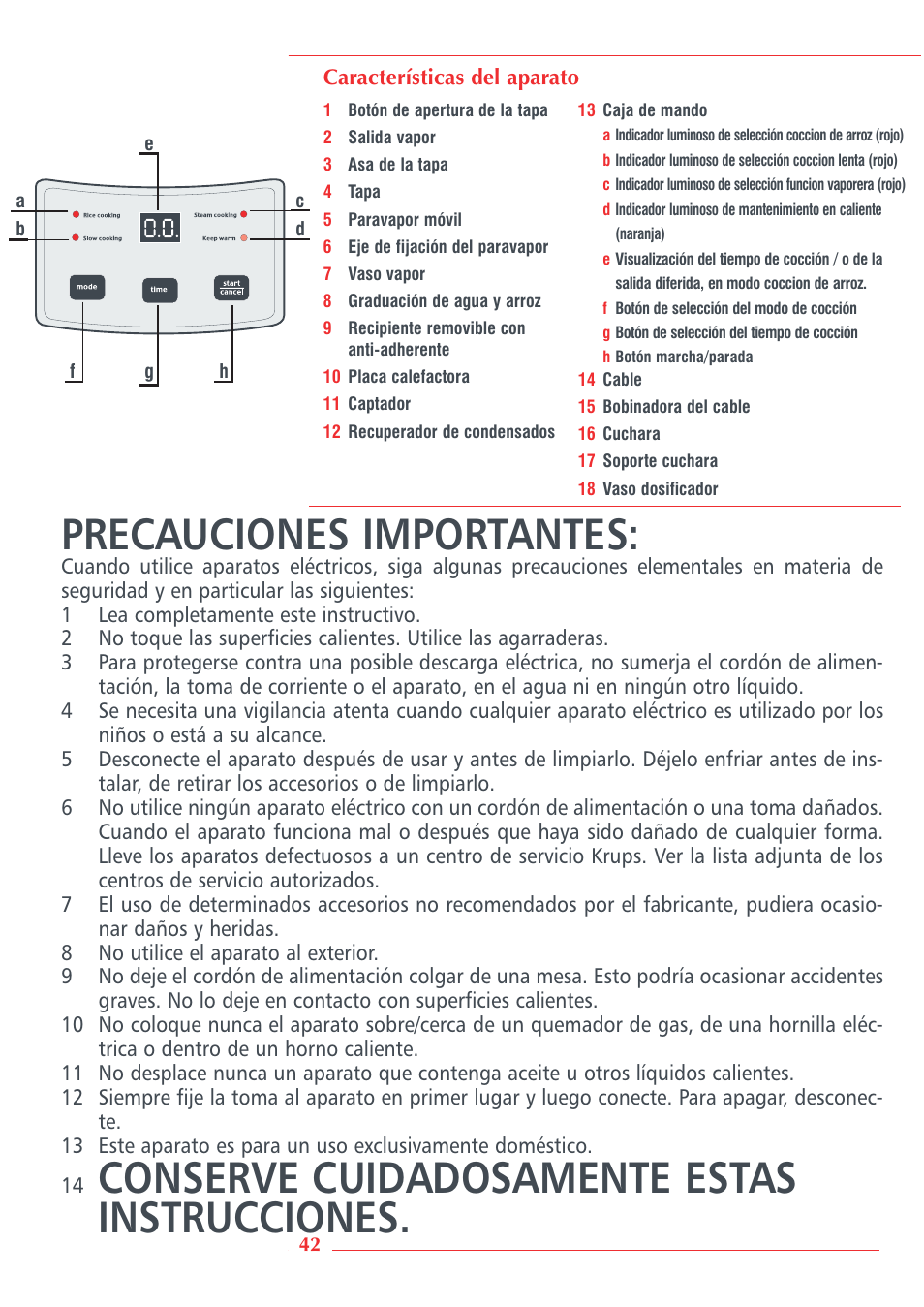 Precauciones importantes, Conserve cuidadosamente estas instrucciones | Krups Automatic Rice Cooker 3.21 3.21 User Manual | Page 40 / 60