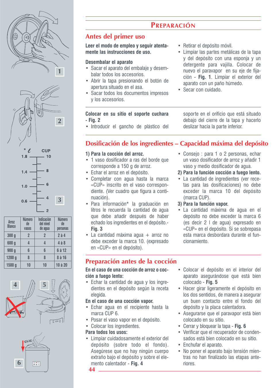 45 ▲ ▲ preparación antes de la cocción 6 | Krups Automatic Rice Cooker 3.21 3.21 User Manual | Page 42 / 60