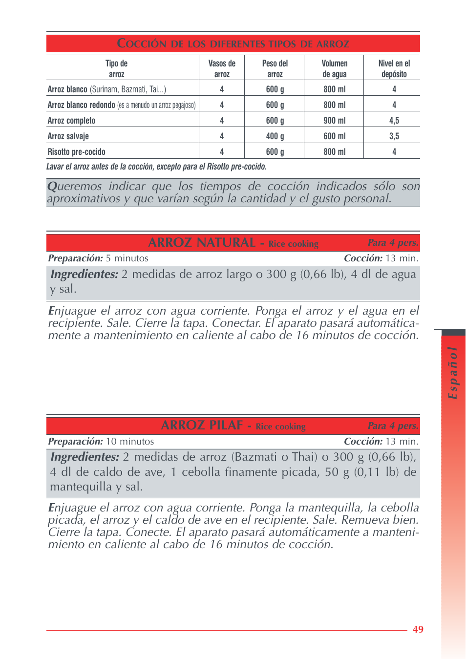 Arroz natural, Arroz pilaf, Español ingredientes | Ingredientes | Krups Automatic Rice Cooker 3.21 3.21 User Manual | Page 47 / 60