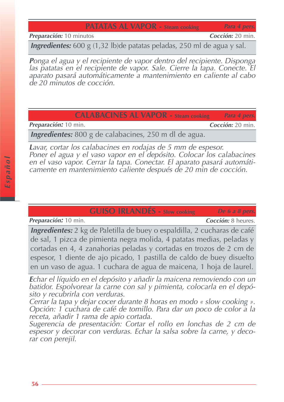 Patatas al vapor, Calabacines al vapor, Guiso irlandés | Krups Automatic Rice Cooker 3.21 3.21 User Manual | Page 54 / 60