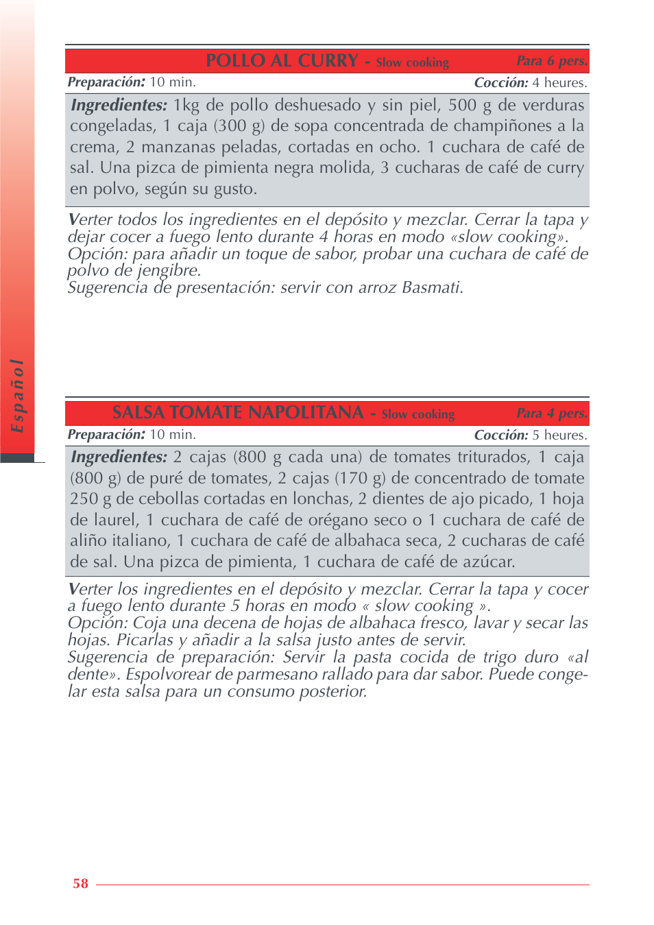 Pollo al curry, Salsa tomate napolitana | Krups Automatic Rice Cooker 3.21 3.21 User Manual | Page 56 / 60