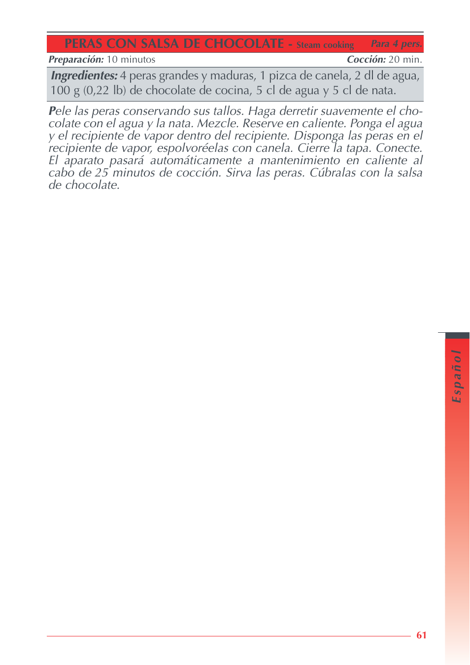 Peras con salsa de chocolate | Krups Automatic Rice Cooker 3.21 3.21 User Manual | Page 59 / 60