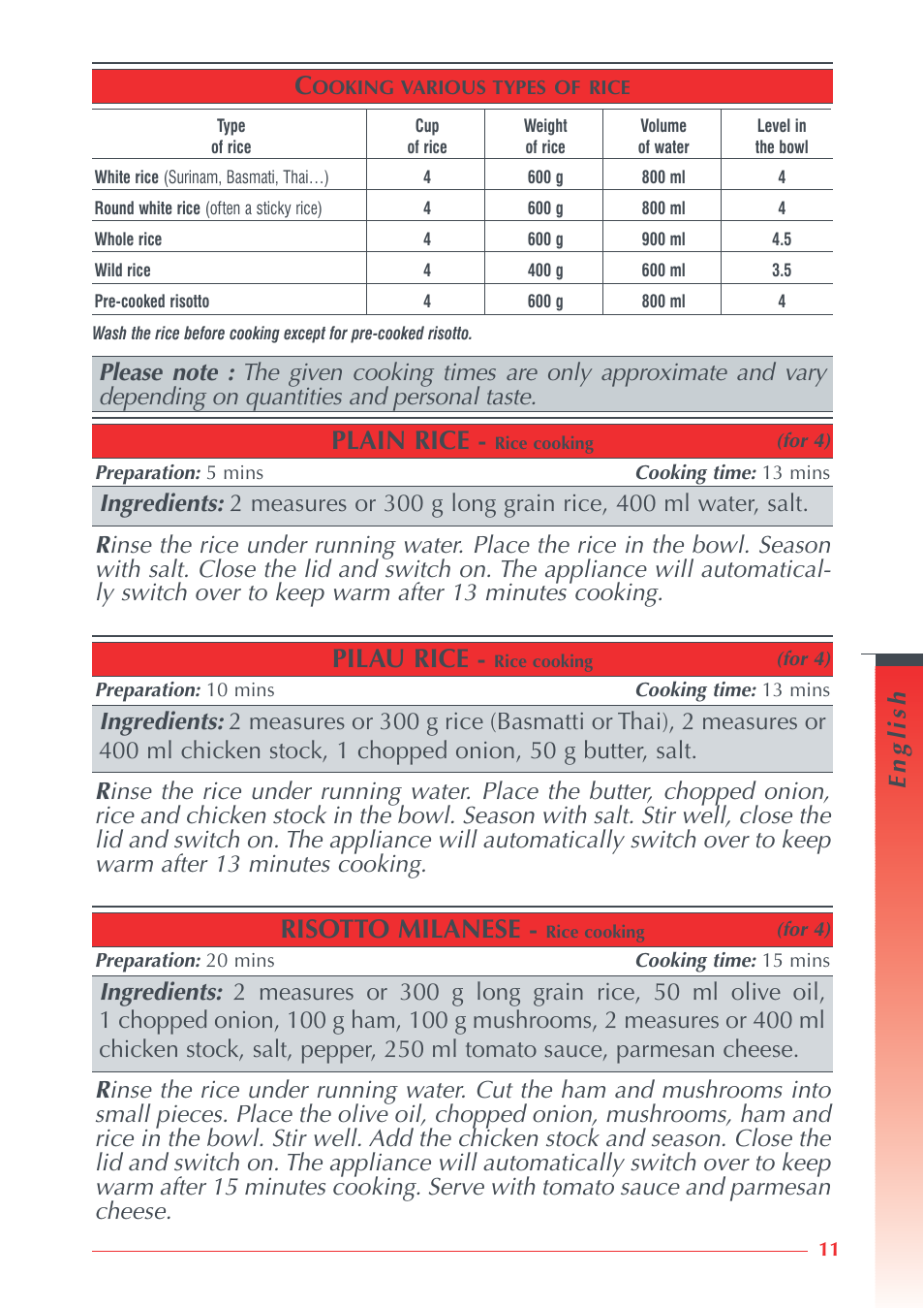 Plain rice, Pilau rice, Risotto milanese | English, Ingredients | Krups Automatic Rice Cooker 3.21 3.21 User Manual | Page 9 / 60