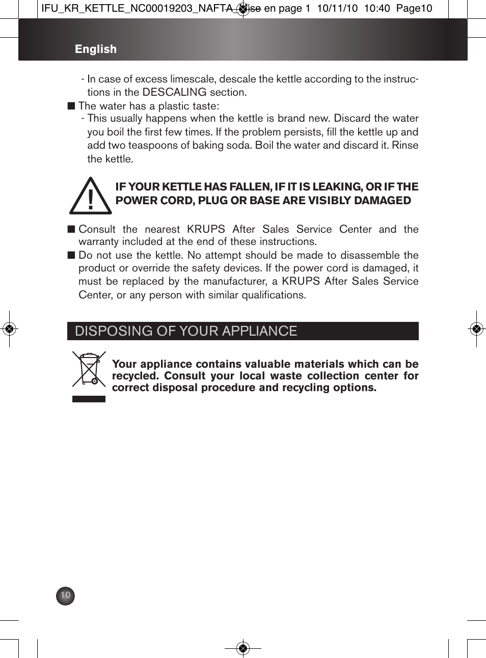 Disposing of your appliance | Krups BW600 User Manual | Page 10 / 36
