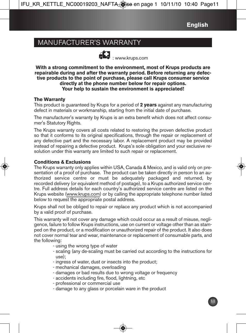 Manufacturer's warranty | Krups BW600 User Manual | Page 11 / 36