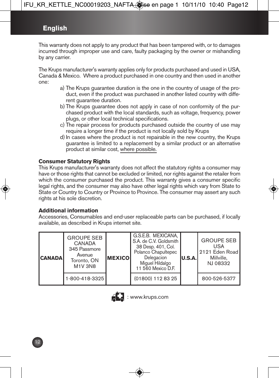English | Krups BW600 User Manual | Page 12 / 36