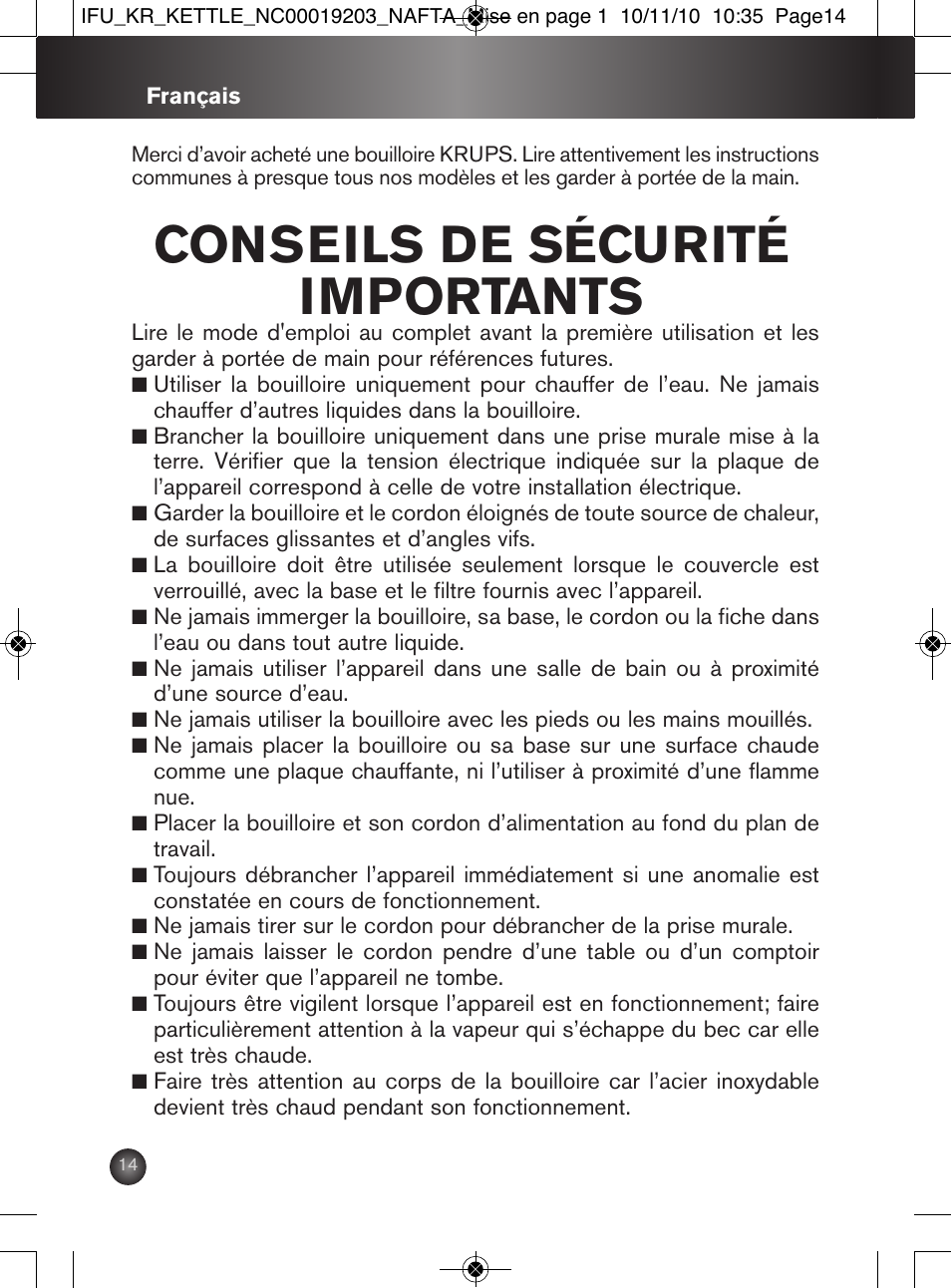 Conseils de sécurité importants | Krups BW600 User Manual | Page 14 / 36