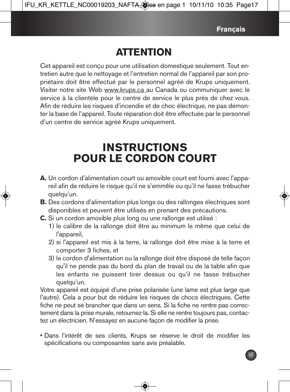 Instructions pour le cordon court, Attention | Krups BW600 User Manual | Page 17 / 36