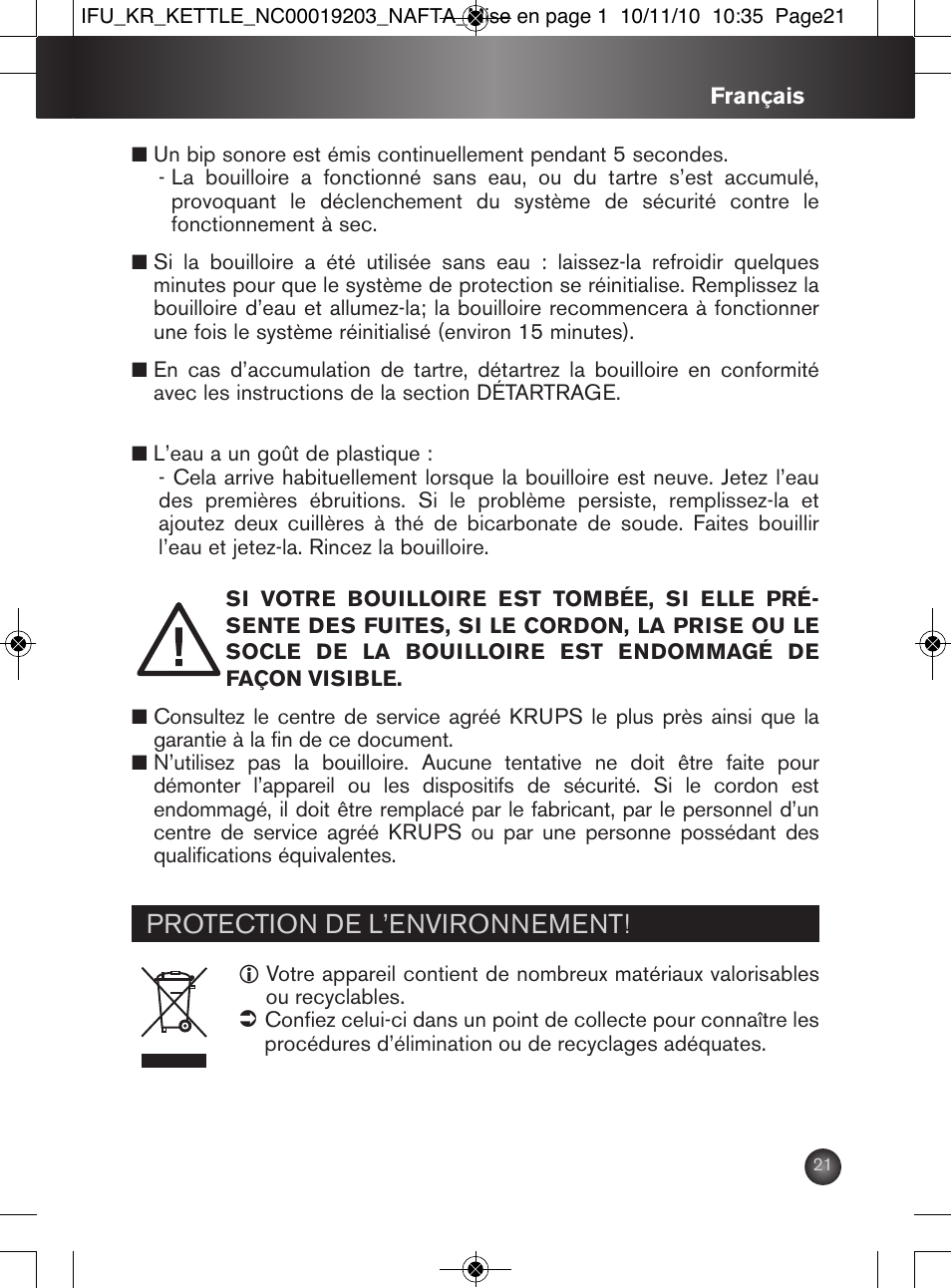 Protection de l’environnement | Krups BW600 User Manual | Page 21 / 36