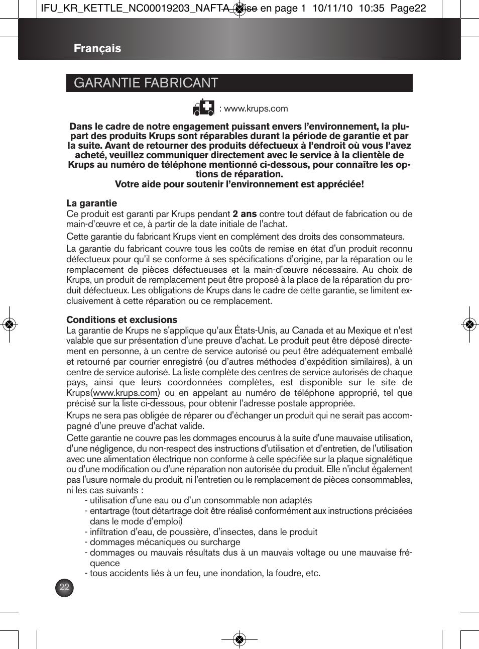 Garantie fabricant | Krups BW600 User Manual | Page 22 / 36