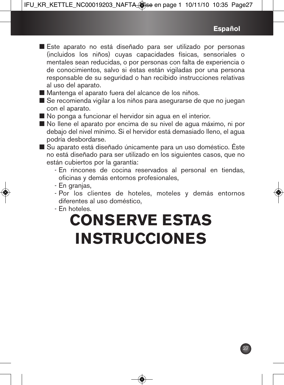 Conserve estas instrucciones | Krups BW600 User Manual | Page 27 / 36
