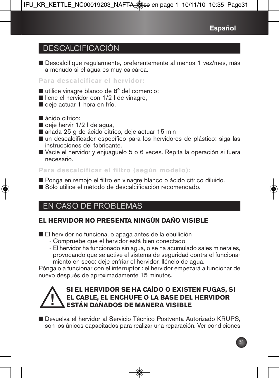 Descalcificación, En caso de problemas | Krups BW600 User Manual | Page 31 / 36