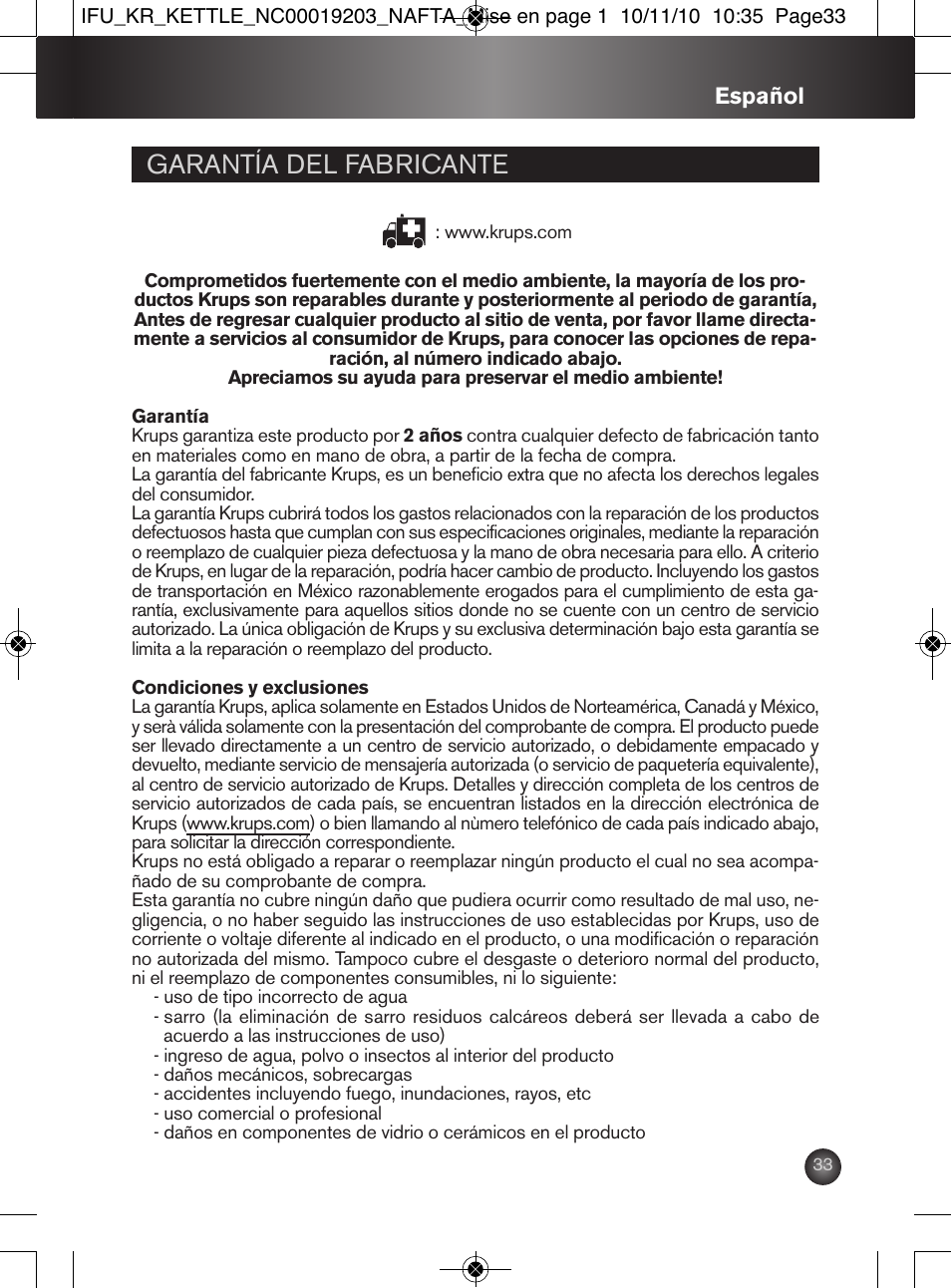 Garantía del fabricante | Krups BW600 User Manual | Page 33 / 36