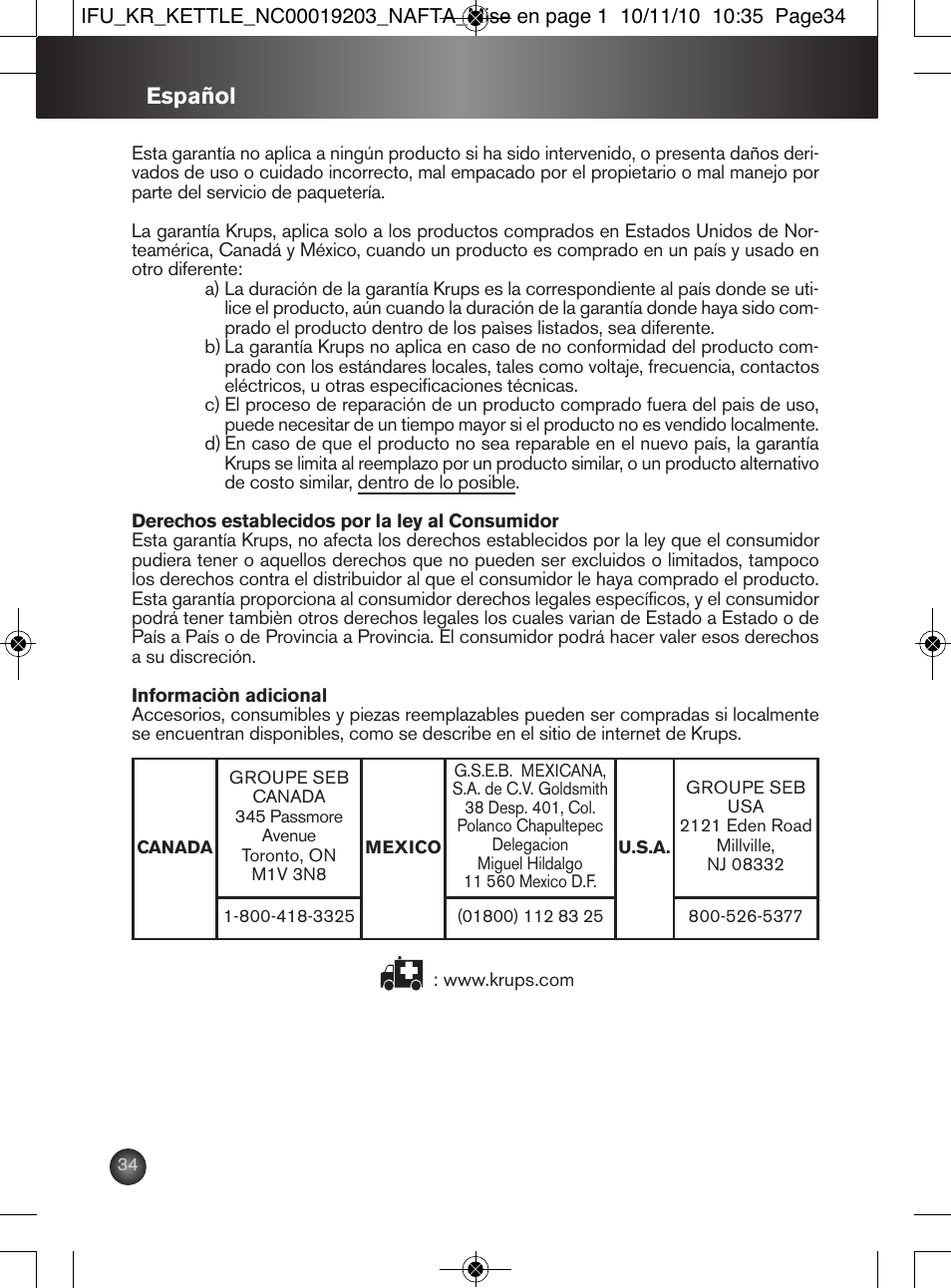 Español | Krups BW600 User Manual | Page 34 / 36